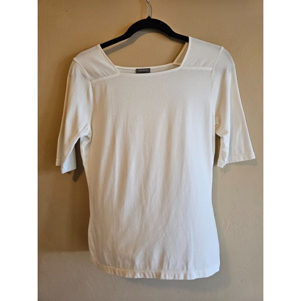 Ann Taylor  White Knit Short Bell  Sleeve Top Size M Fitted Square Scoop Neck
